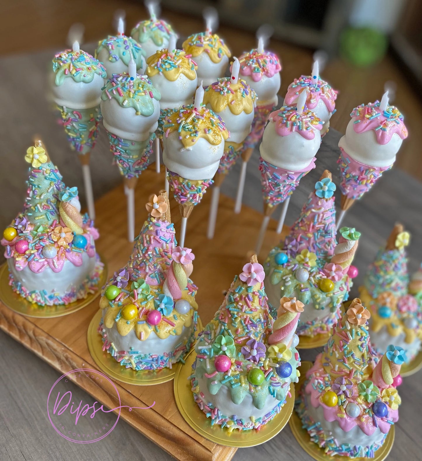 Mini cakes and Cake pop ice cream cone party package, cake pops with candles