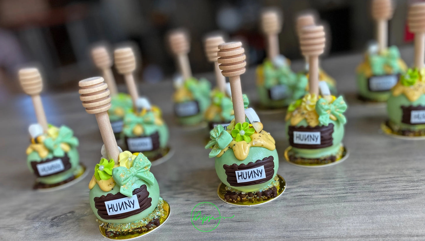 Hunny Pot Cake Pops with honey dipper stick, Pooh Inspired honey pots, Baby shower cake pops