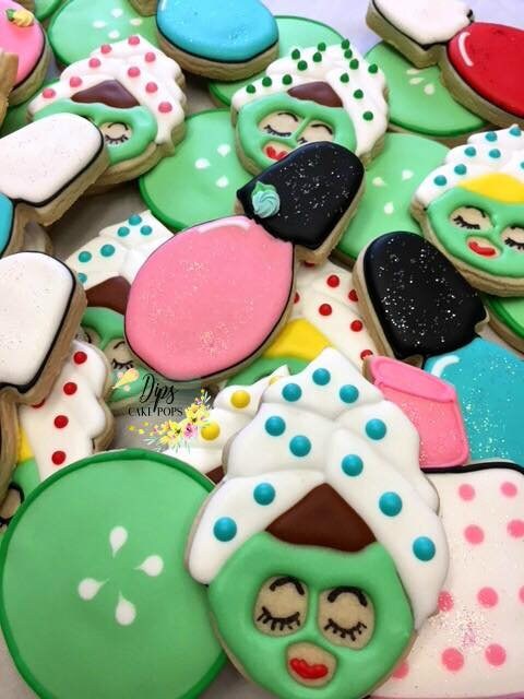16 Spa Day cookies, nail polish, spa girl, lip stick, cucumbers, birthday party