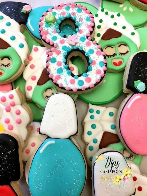 16 Spa Day cookies, nail polish, spa girl, lip stick, cucumbers, birthday party