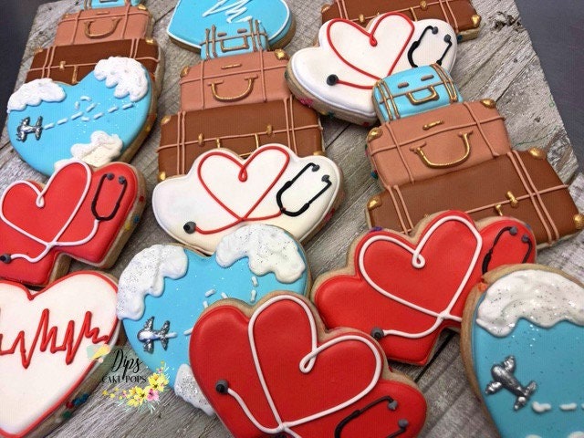 16 Travel Cookies, Heart cookies, Stethoscope cookies, Off to college cookies, Nursing school cookies, Nurse cookies, Luggage cookies