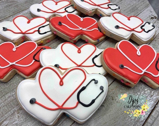 16 Travel Cookies, Heart cookies, Stethoscope cookies, Off to college cookies, Nursing school cookies, Nurse cookies, Luggage cookies