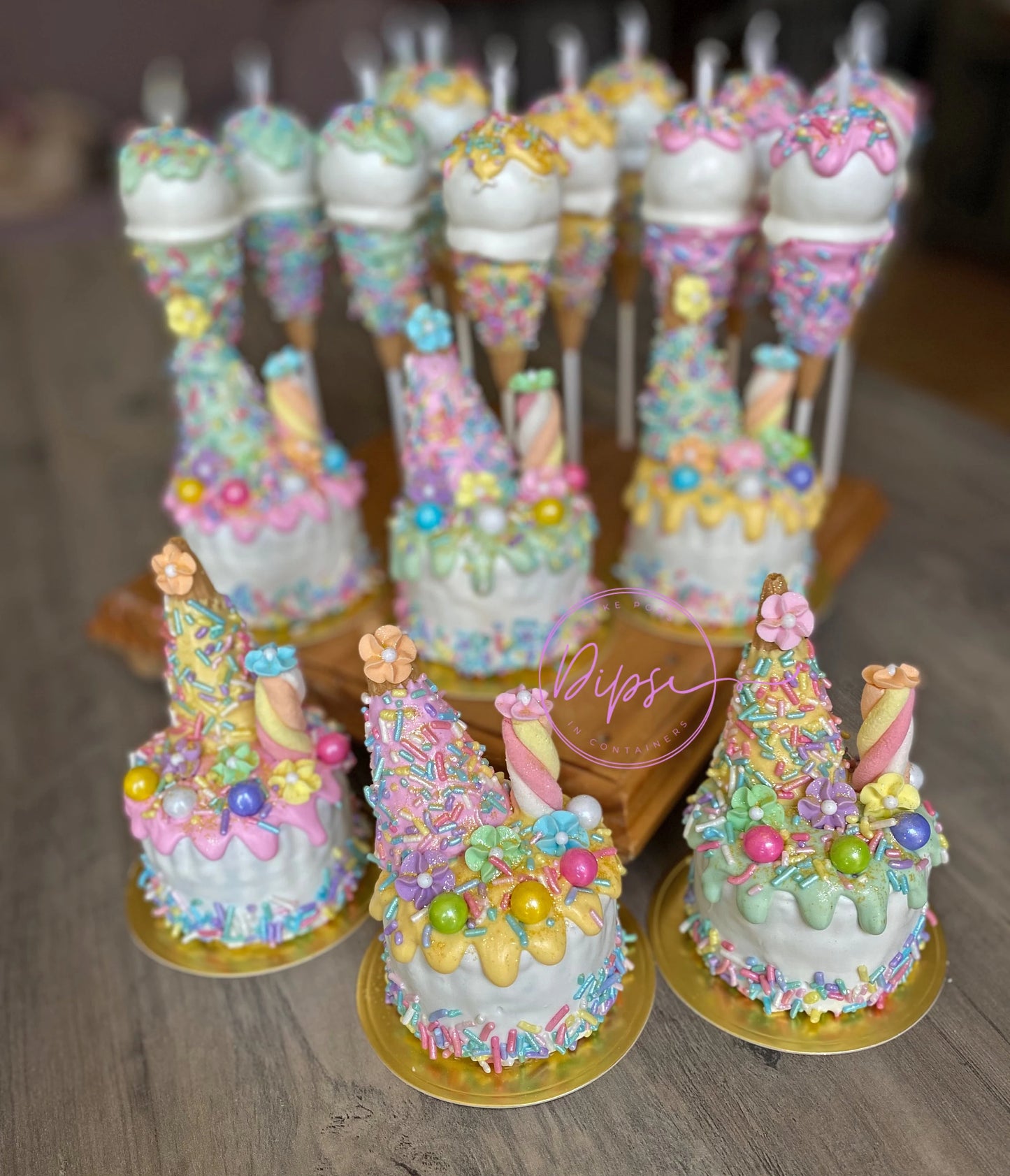 Mini cakes and Cake pop ice cream cone party package, cake pops with candles