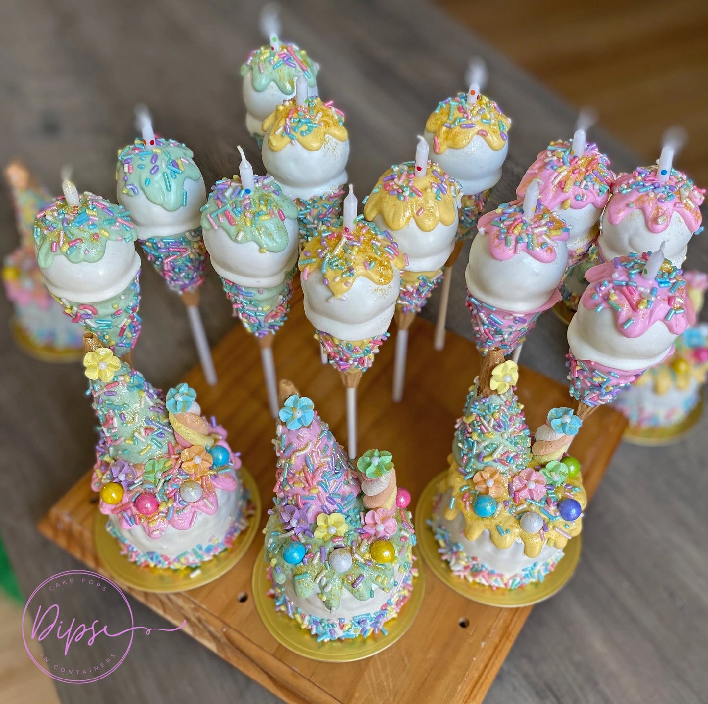 Mini cakes and Cake pop ice cream cone party package, cake pops with candles
