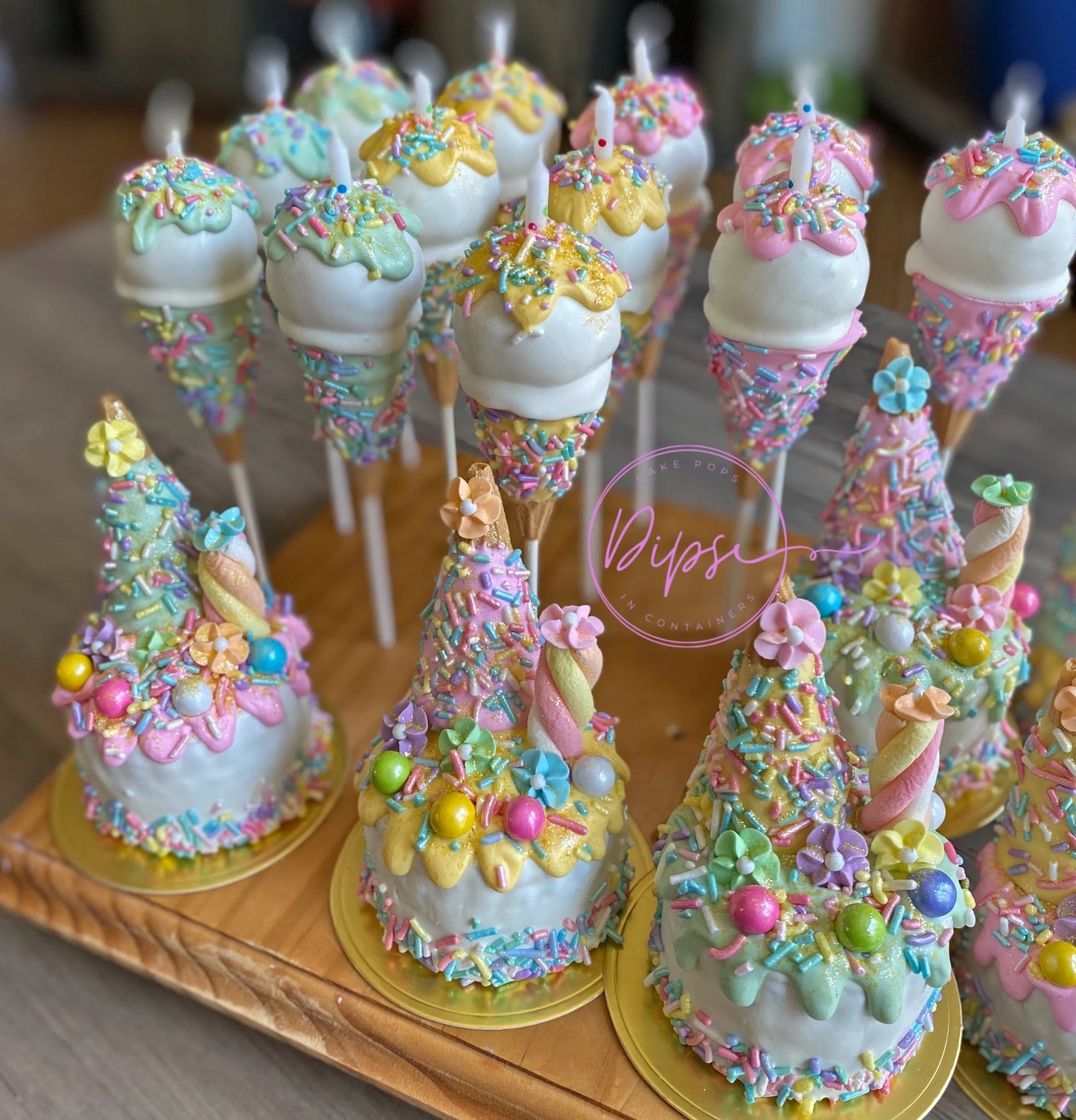 Mini cakes and Cake pop ice cream cone party package, cake pops with candles