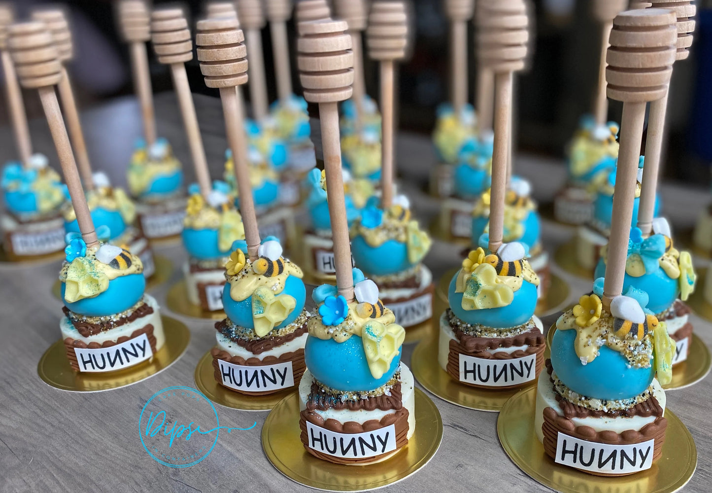 12 Blue Hunny Pot Cake Pop/Oreo Combo treats with honey dipper sticks, Pooh Inspired honey pots, Baby Shower, Baby boy