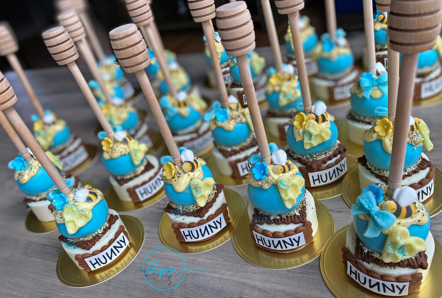 12 Blue Hunny Pot Cake Pop/Oreo Combo treats with honey dipper sticks, Pooh Inspired honey pots, Baby Shower, Baby boy