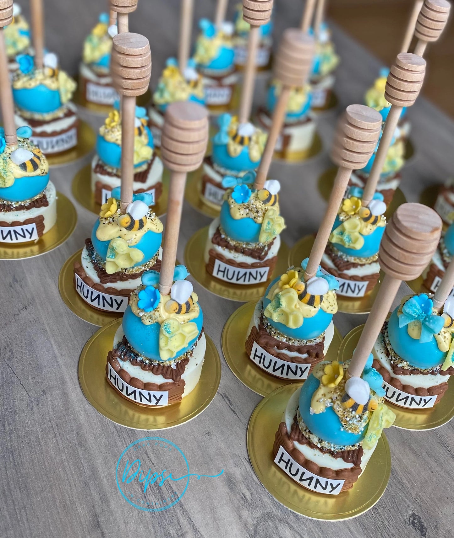 12 Blue Hunny Pot Cake Pop/Oreo Combo treats with honey dipper sticks, Pooh Inspired honey pots, Baby Shower, Baby boy