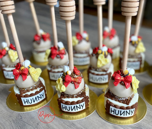 12 Hunny Pot Cake Pop/Oreo Combo treats with honey dipper sticks, Pooh Inspired honey pots, Winnie the Pooh hunny pots