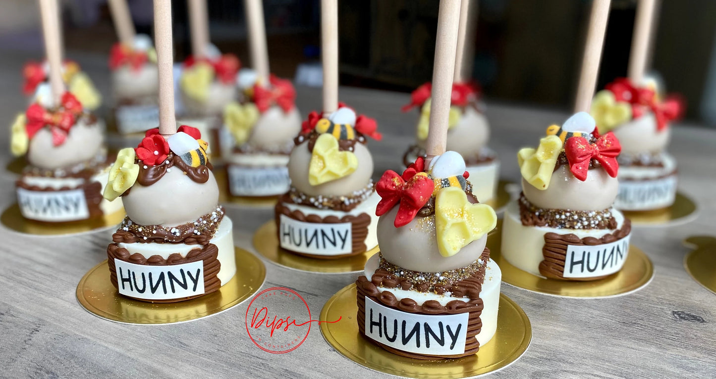 12 Hunny Pot Cake Pop/Oreo Combo treats with honey dipper sticks, Pooh Inspired honey pots, Winnie the Pooh hunny pots