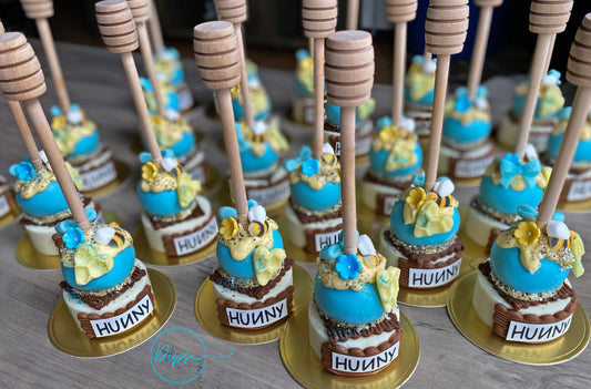 12 Blue Hunny Pot Cake Pop/Oreo Combo treats with honey dipper sticks, Pooh Inspired honey pots, Baby Shower, Baby boy