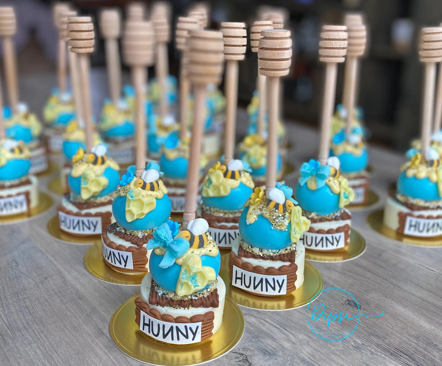 12 Blue Hunny Pot Cake Pop/Oreo Combo treats with honey dipper sticks, Pooh Inspired honey pots, Baby Shower, Baby boy