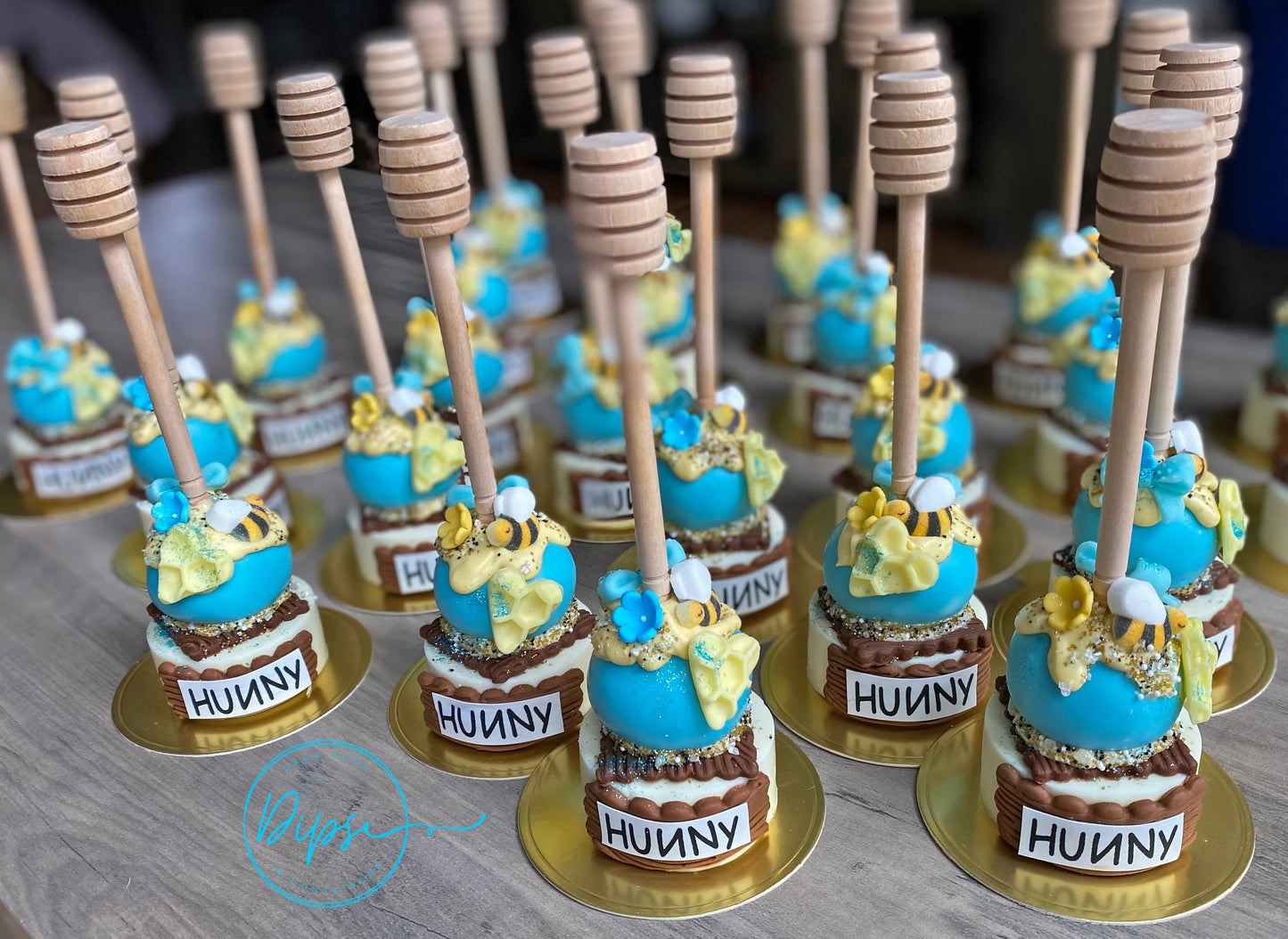 12 Blue Hunny Pot Cake Pop/Oreo Combo treats with honey dipper sticks, Pooh Inspired honey pots, Baby Shower, Baby boy