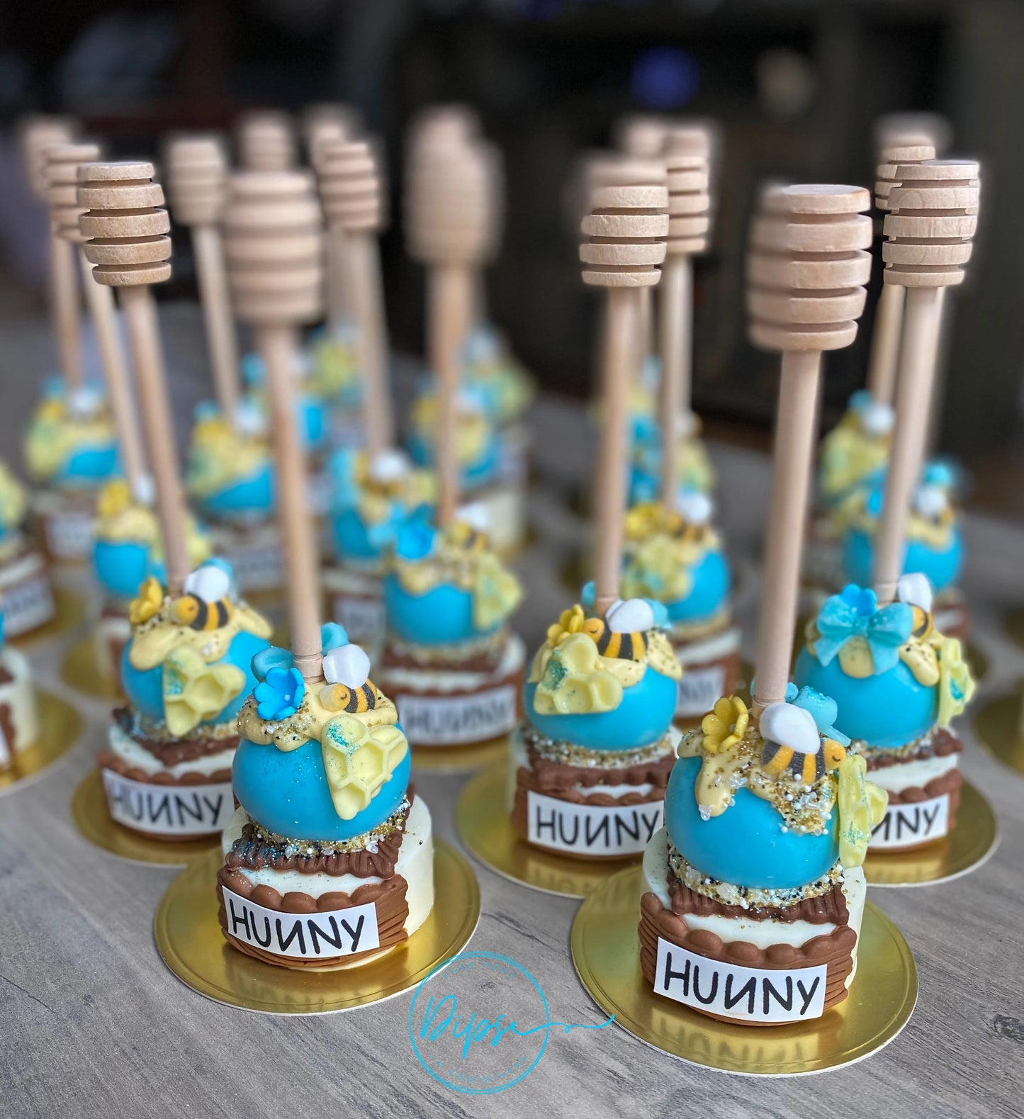 12 Blue Hunny Pot Cake Pop/Oreo Combo treats with honey dipper sticks, Pooh Inspired honey pots, Baby Shower, Baby boy