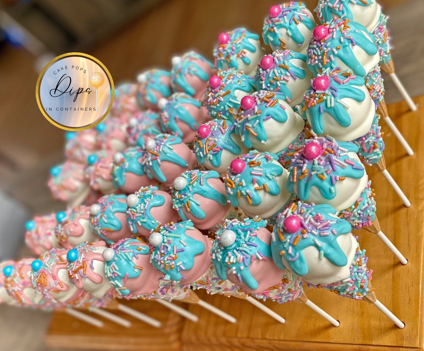 Gender Reveal Ice Cream Cone Cake Pops 3 dozen party package, cake pops, baby shower cake pops