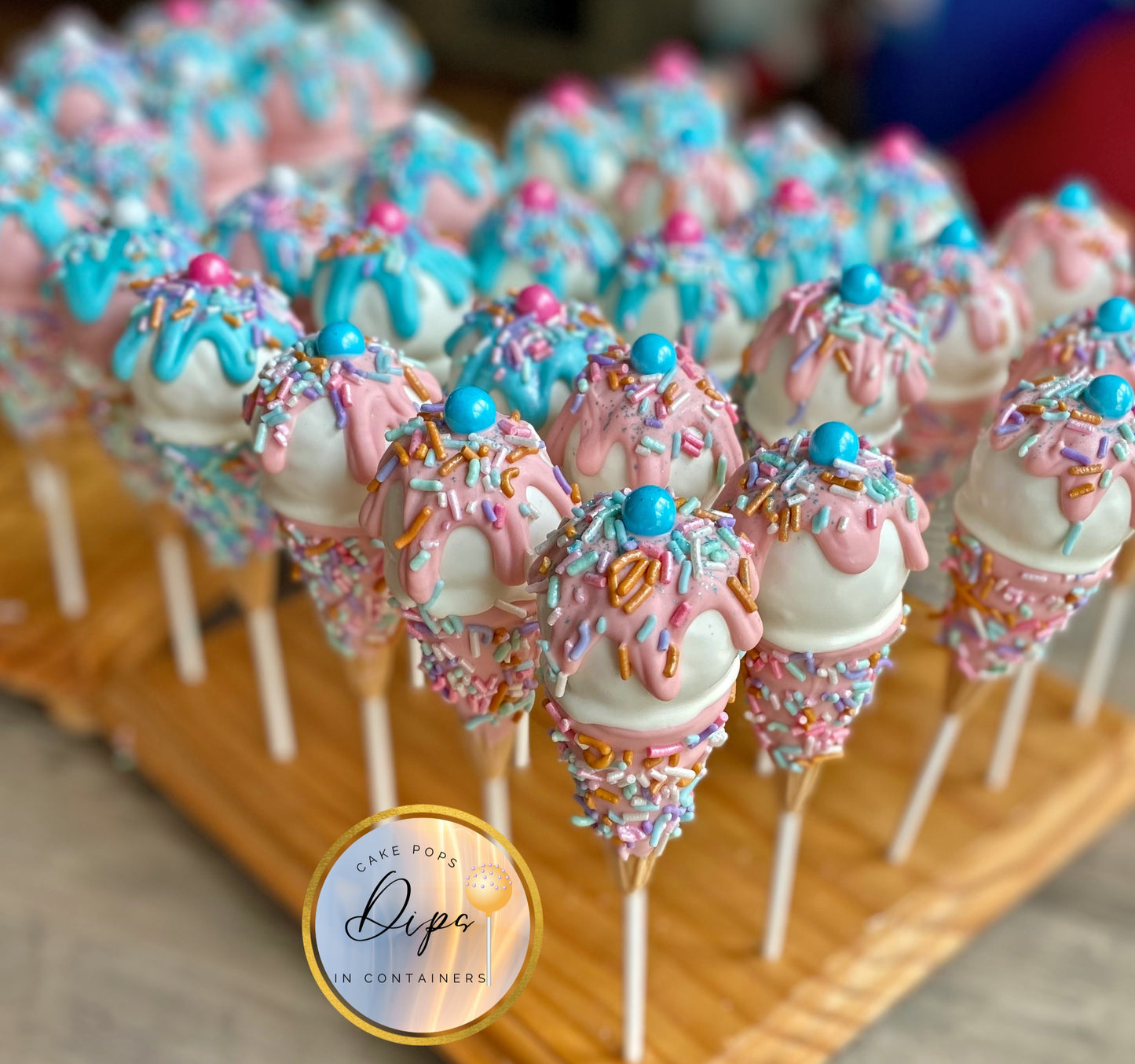 Gender Reveal Ice Cream Cone Cake Pops 3 dozen party package, cake pops, baby shower cake pops