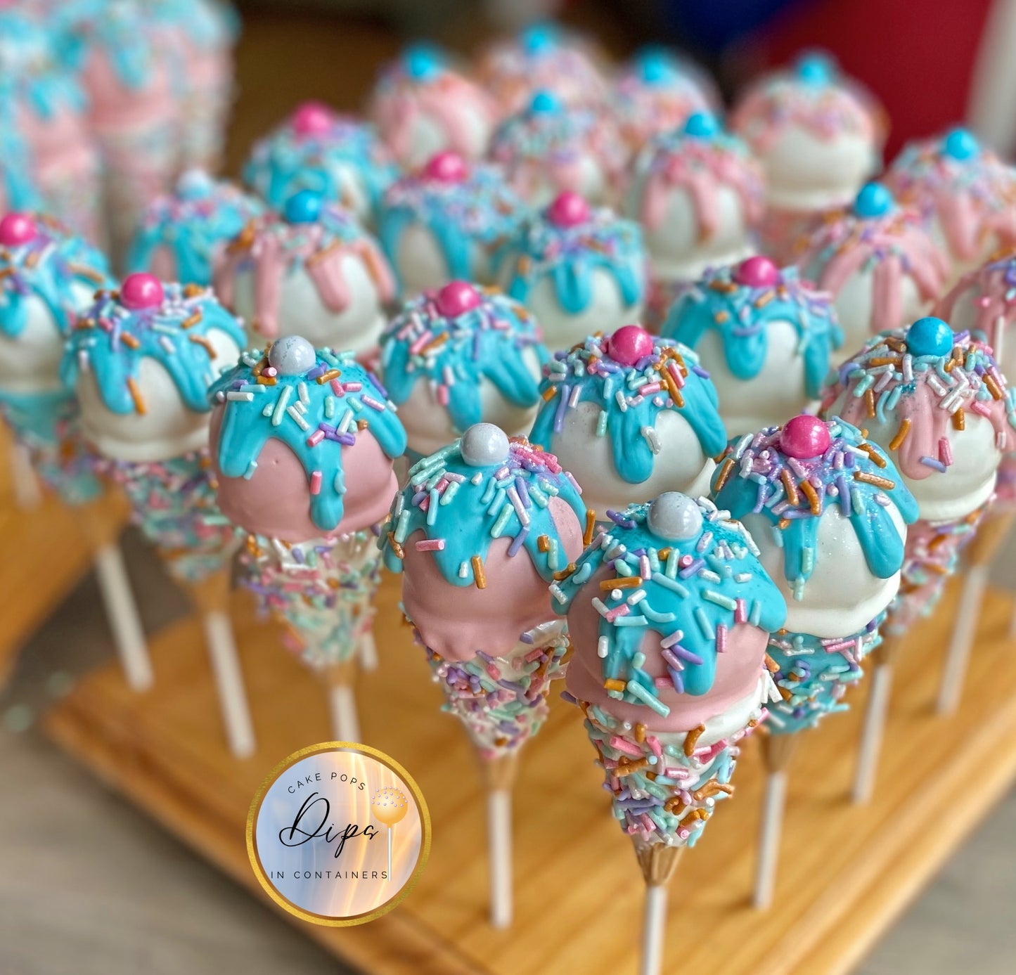 Gender Reveal Ice Cream Cone Cake Pops 3 dozen party package, cake pops, baby shower cake pops