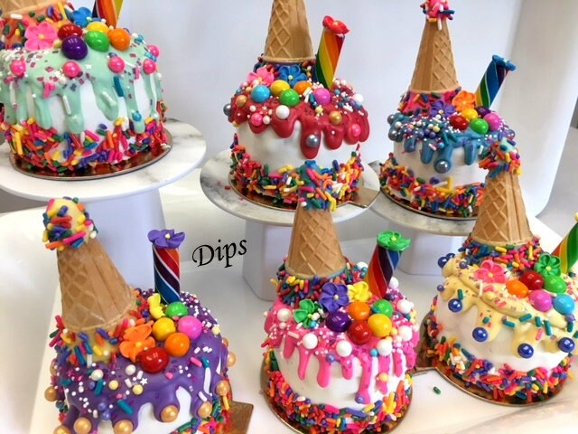 Drip Mini Cakes, Candyland themed colors, colorful mini cakes