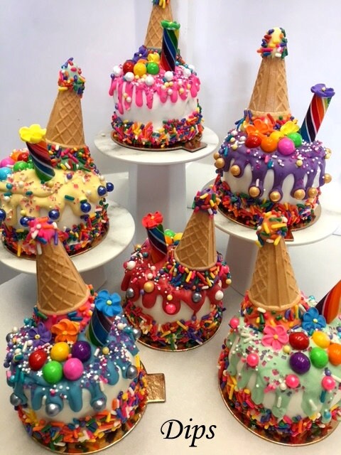 Drip Mini Cakes, Candyland themed colors, colorful mini cakes