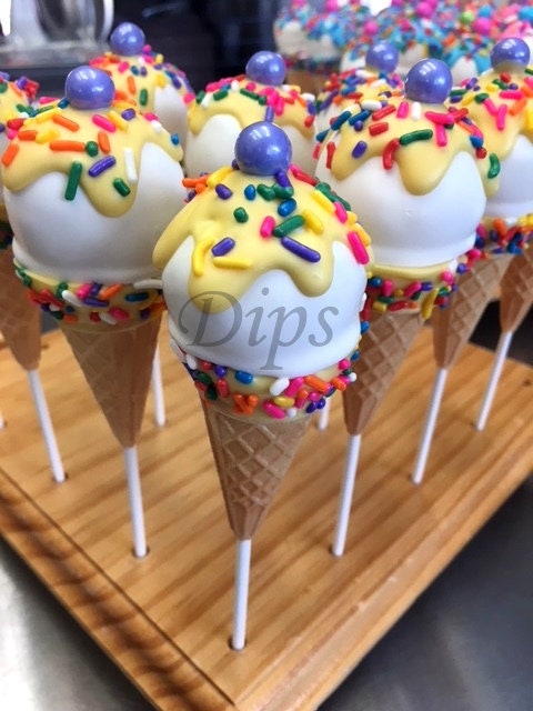 Yellow Ice Cream Cone Cake Pops, Baby Shower, Birthday, Candyland Cake Pops, Colorful