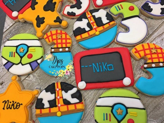 16 Toy story themed cookies, Royal frosting cookies, sugar cookies, Toy story party, birthday cookies, birthday cake pops