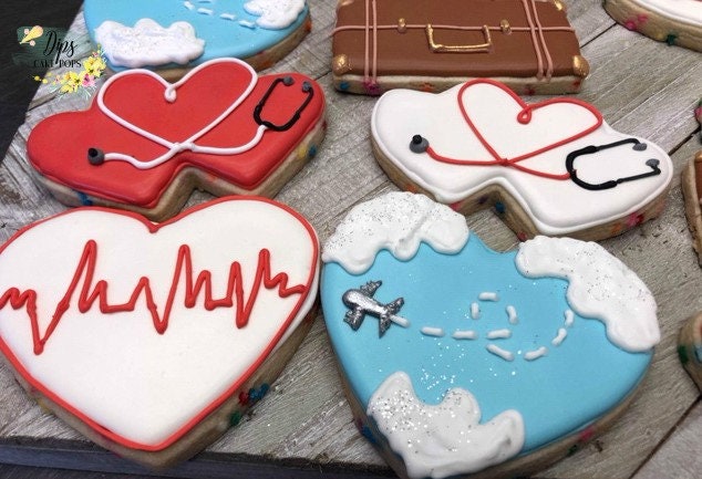 16 Travel Cookies, Heart cookies, Stethoscope cookies, Off to college cookies, Nursing school cookies, Nurse cookies, Luggage cookies