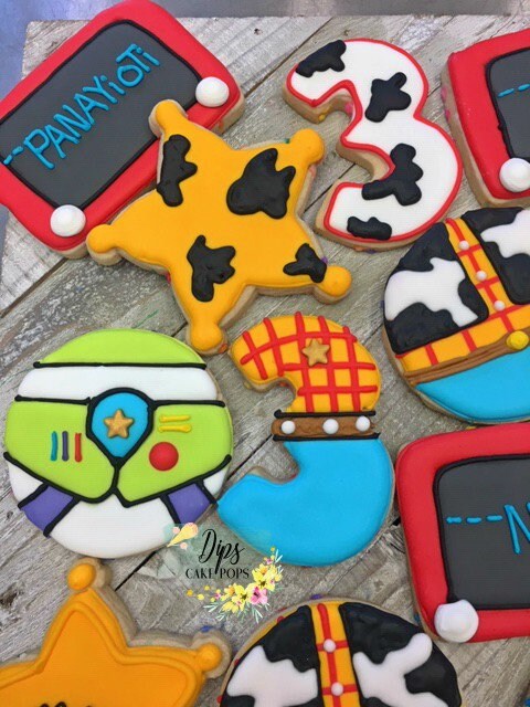 16 Toy story themed cookies, Royal frosting cookies, sugar cookies, Toy story party, birthday cookies, birthday cake pops