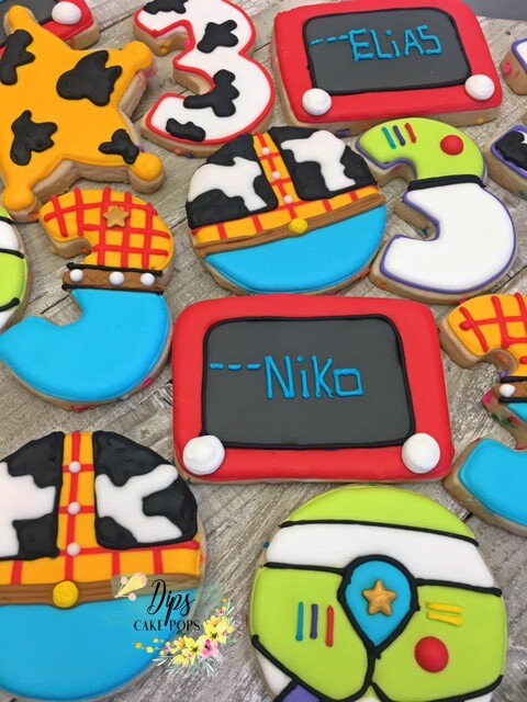 16 Toy story themed cookies, Royal frosting cookies, sugar cookies, Toy story party, birthday cookies, birthday cake pops