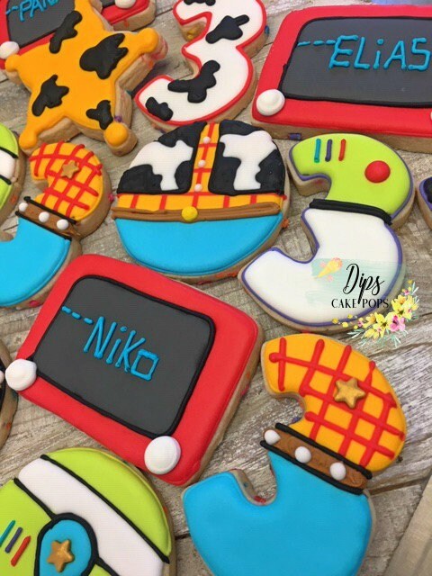 16 Toy story themed cookies, Royal frosting cookies, sugar cookies, Toy story party, birthday cookies, birthday cake pops