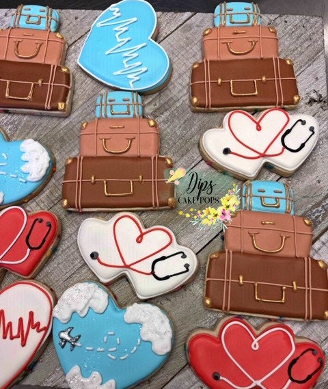 16 Travel Cookies, Heart cookies, Stethoscope cookies, Off to college cookies, Nursing school cookies, Nurse cookies, Luggage cookies